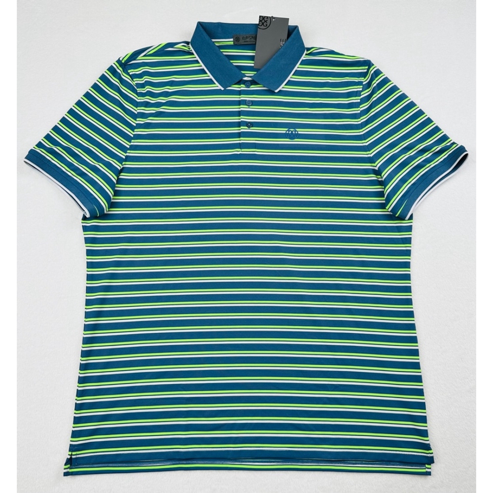 G/Fore Mens Large Blue Green Stripe Tech Golf Prep Performance Jersey Polo Shirt
